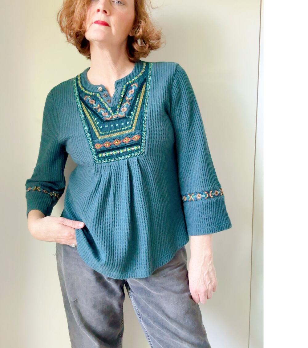 Soft Surroundings Womens Thermal Boho Top Size M Teal Embellished Hippie